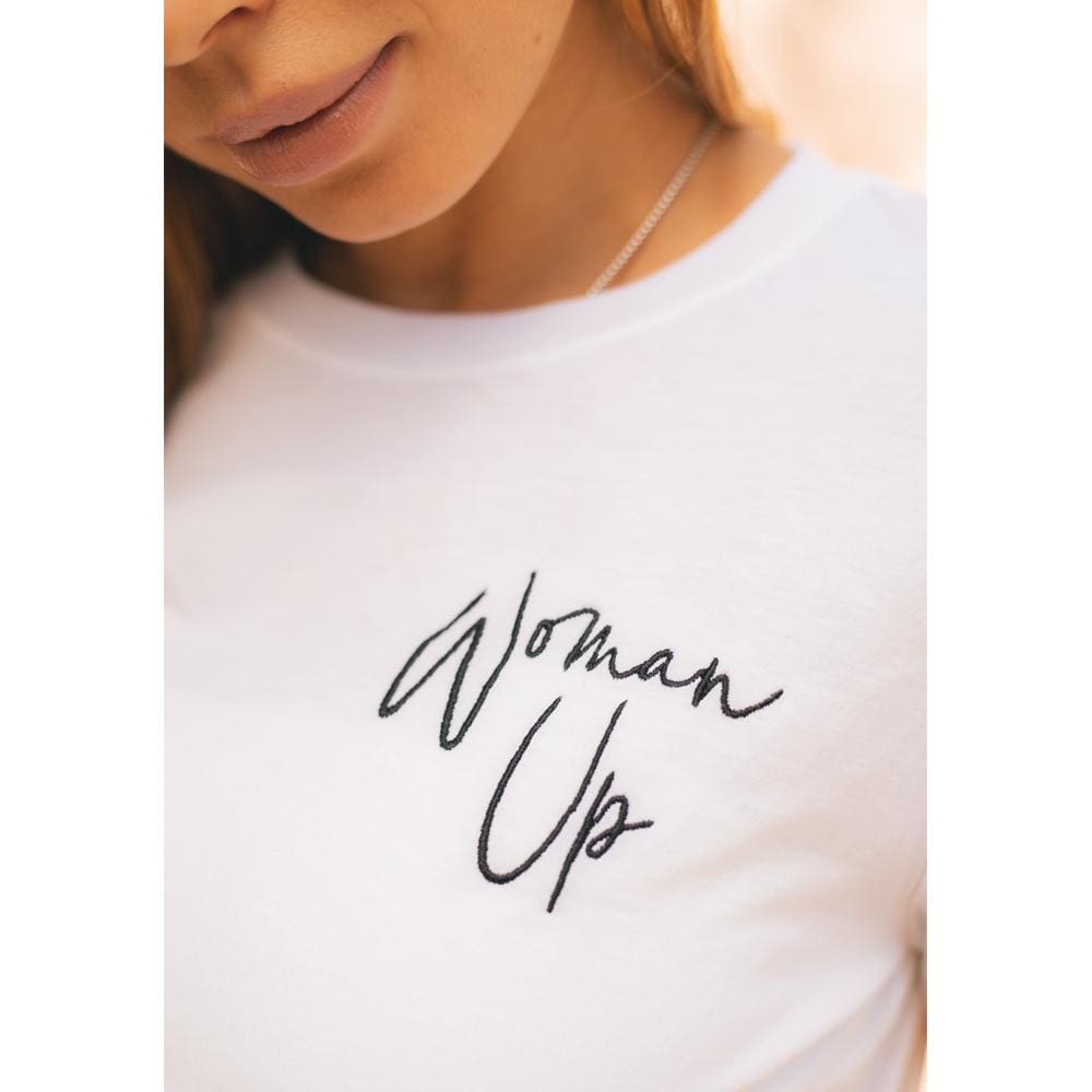 Woman Up Womens Crop Tee Black front tie knot women power One Messy Bun