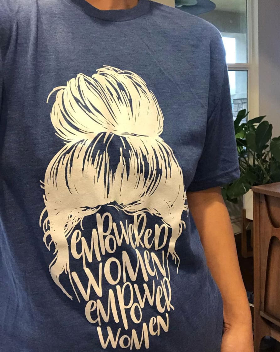 Empowered Women T-Shirt active, Blue, bun, empowerment, Gray One Messy Bun