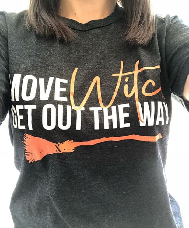 Move Witch T-Shirt Black fall get out the way Green halloween One Messy Bun