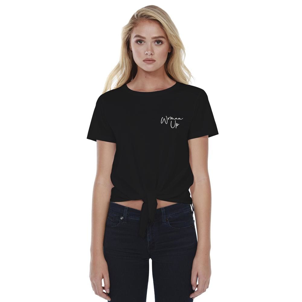Woman Up Womens Crop Tee Black front tie knot women power One Messy Bun
