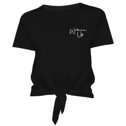 Woman Up Womens Crop Tee Black front tie knot women power classotomotiv